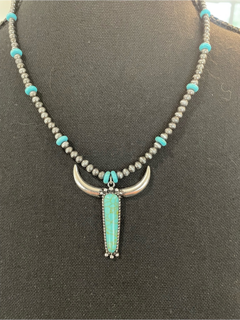 Turquoise and Silver Bull Horn Pendant Necklace - Women Jewelry